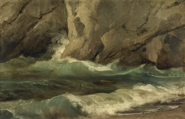 Olas al pie de unas rocas, Achille Etna Michallon