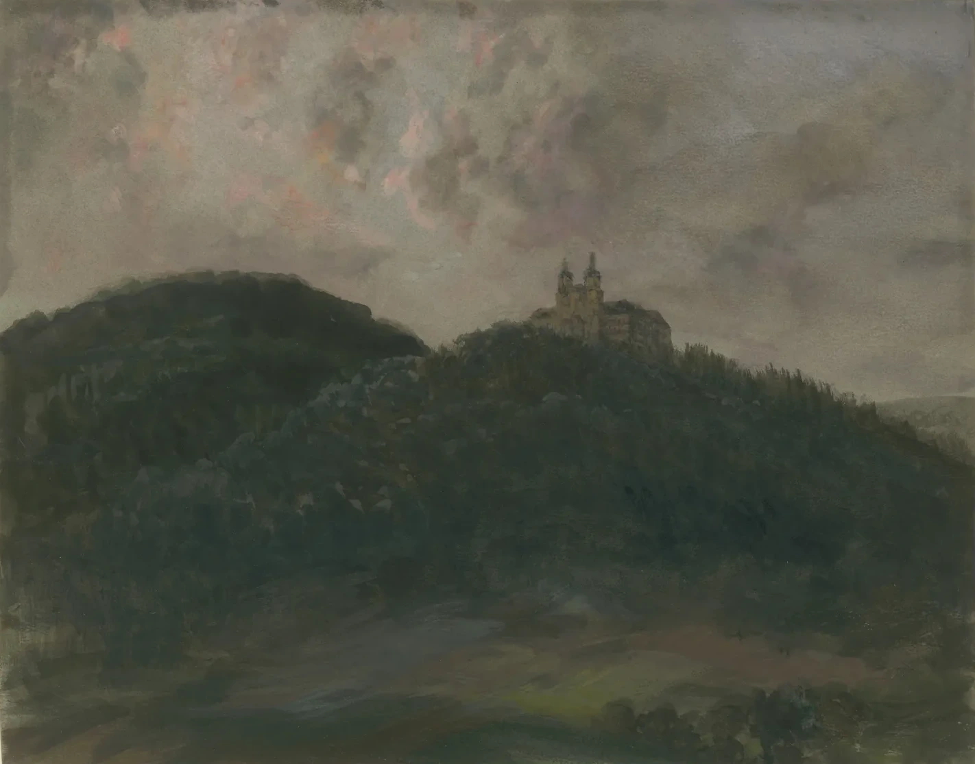 Paisagem de montanhas arborizadas com o mosteiro de Banz perto de Lichtenfels, Adolph Menzel