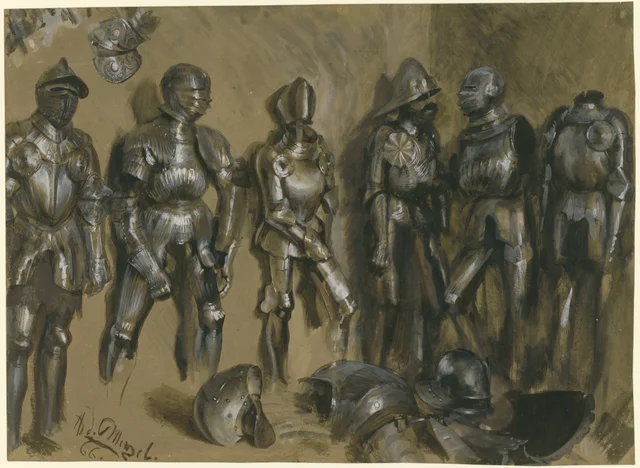 Armures complètes alignées contre un mur, au premier plan des casques et des cuirasses, Adolph Menzel