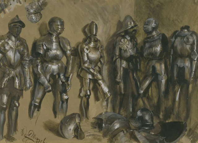 Armaduras completas alineadas contra una pared, en primer plano cascos y petos, Adolph Menzel