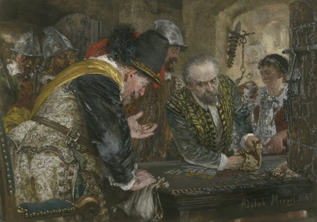 Contribution : des soldats, à gauche leur capitaine, reçoivent d'un vieil homme de l'argent et de l'argenterie, Adolph Menzel
