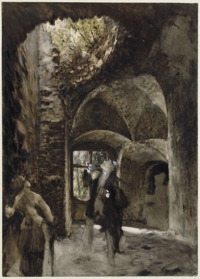 Dans la ruine, un monsieur et une dame regardent vers un grand trou dans la voûte