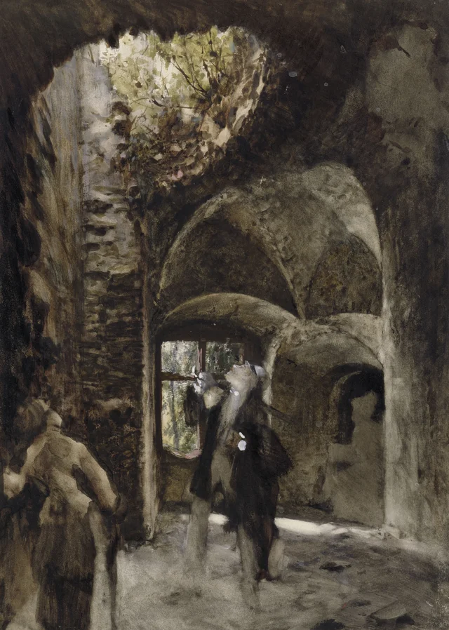 En la ruina, un caballero y una dama miran hacia un gran agujero en la bóveda, Adolph Menzel