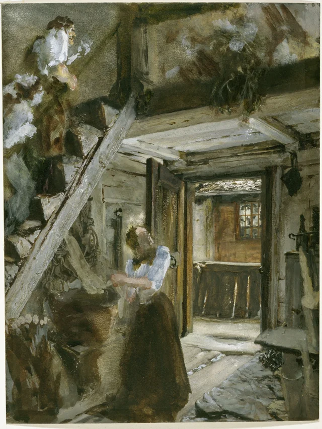 Escalier dans une maison paysanne, avec des personnages