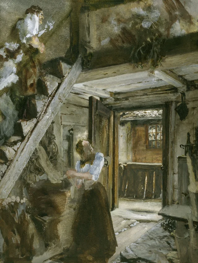 Escalera en una casa de campesinos, con figuras