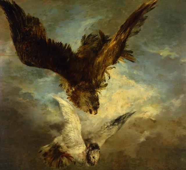 Halcón abalanzándose sobre una paloma, Adolph Menzel