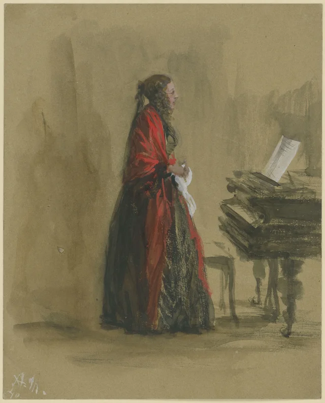 Mulher cantando, de pé junto a um piano de cauda, de perfil