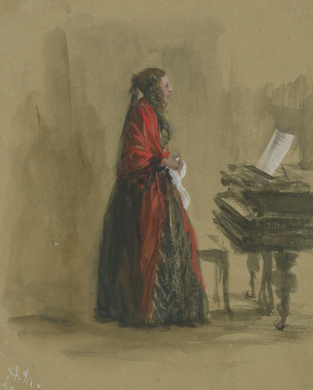 Mujer cantando, de pie junto a un piano de cola, de perfil, Adolph Menzel
