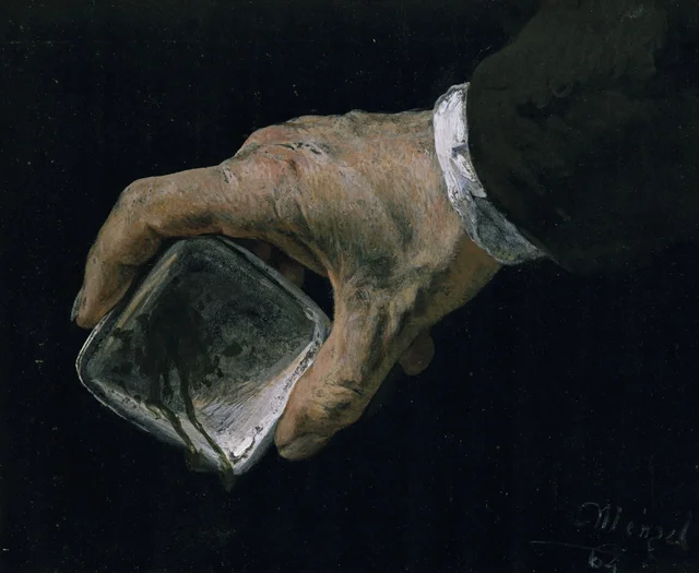 La mano del artista sosteniendo un cuenco de pintura, Adolph Menzel