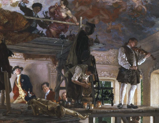El príncipe heredero Federico visita al pintor Pesne en su andamio en Rheinsberg, Adolph Menzel