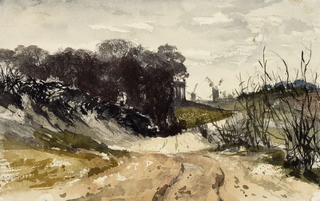Paysage de la Marche avec des moulins à vent au loin
