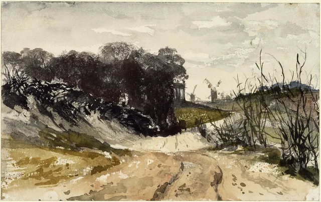 Paisagem de Brandemburgo com moinhos de vento ao longe