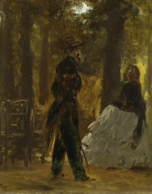 Policía y dama en el jardín de las Tullerías, Adolph Menzel