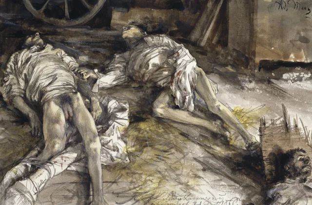 Tres soldados caídos en un granero (depósito de cadáveres de Königinhof), Adolph Menzel