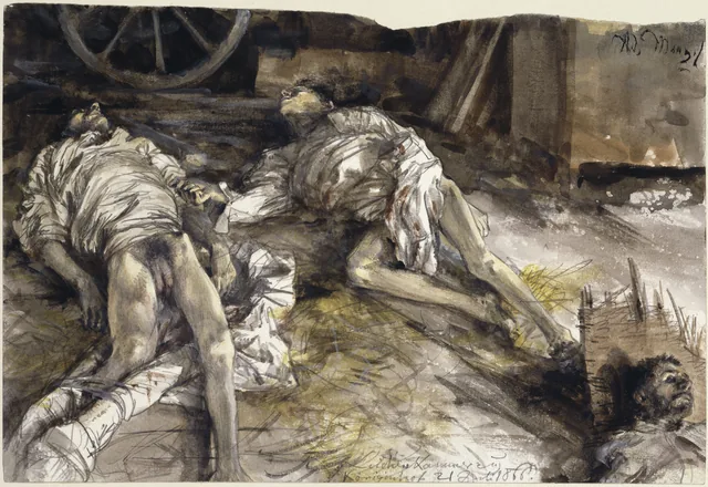 Trois soldats tombés dans une grange (chambre mortuaire de Königinhof), Adolph Menzel