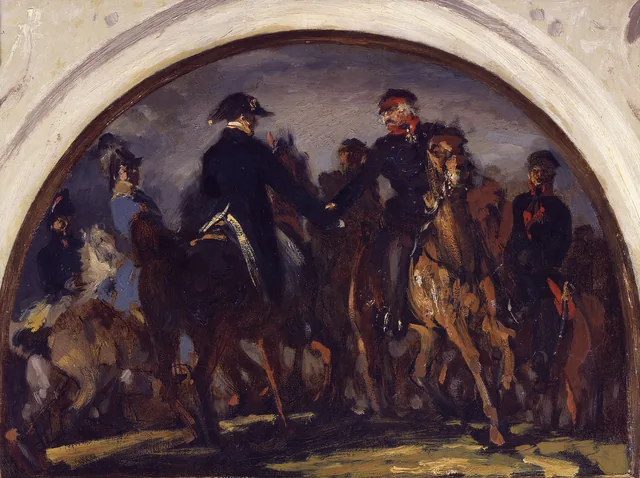 Wellington y Blücher tras la batalla de Belle-Alliance, estudio al óleo, Adolph Menzel