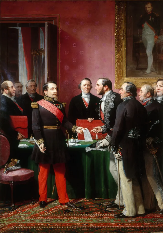 Napoleão III entregando ao barão Haussmann o decreto de anexação das comunas vizinhas (16 de fevereiro de 1859), Adolphe Yvon