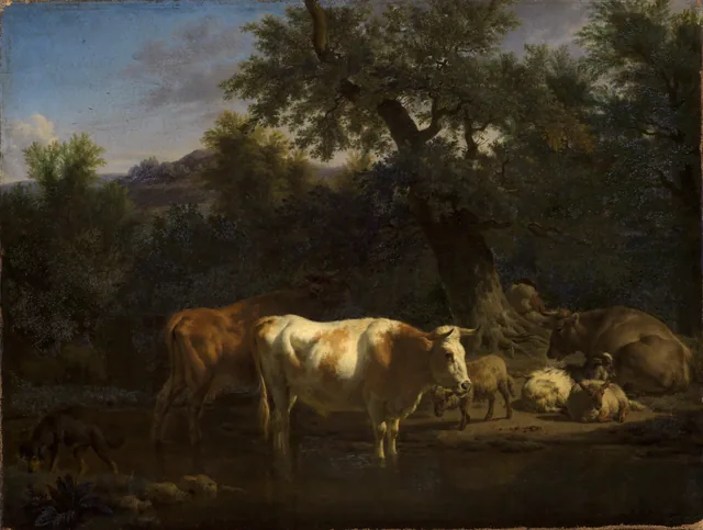 Vacas y ovejas junto a una charca del bosque, Adriaen van de Velde