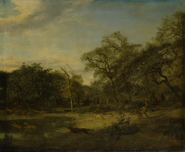 Caza de ciervos en un paisaje de bosque pantanoso, Adriaen van de Velde