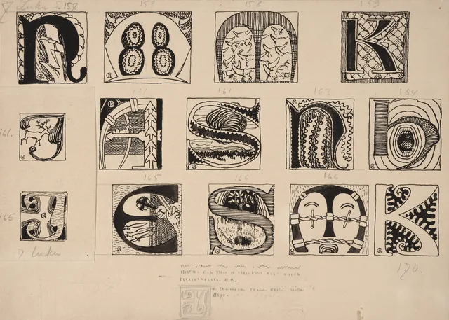 第7章のための14の飾り頭文字と下絵