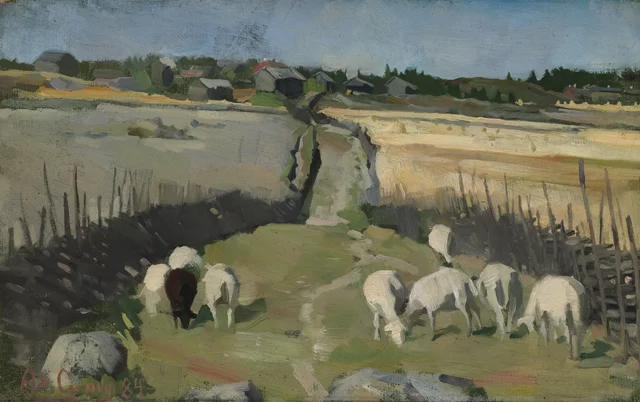 Paisaje de pueblo con ovejas