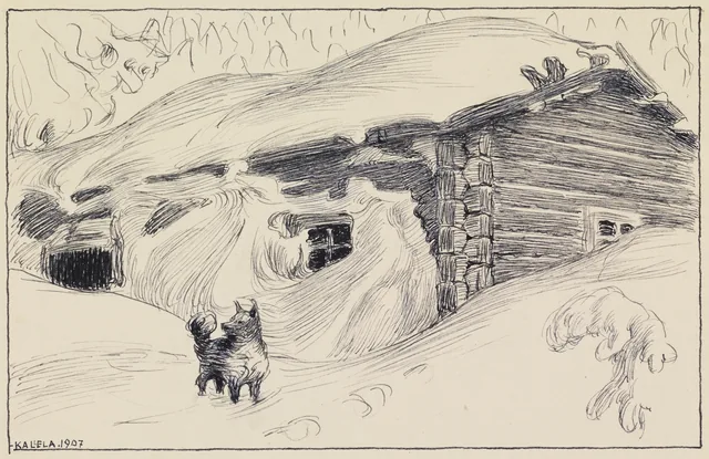 雪の吹きだまりの中の小屋