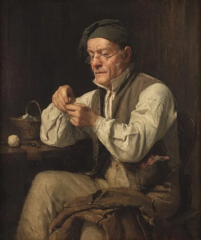 Camponês remendando o colete, Albert Anker