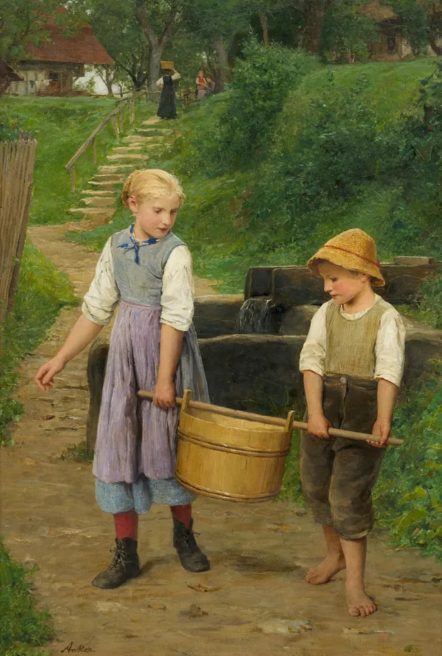 Duas crianças com um balde de água, Albert Anker