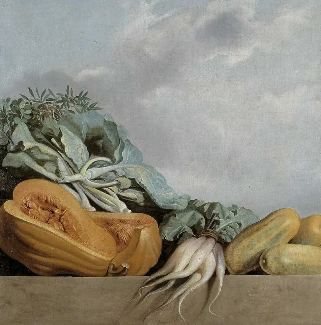 Nature morte aux courges, aux radis et aux légumes-feuilles