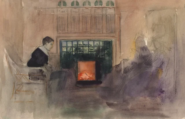 Erik Edelfelt sentado ante la chimenea de la villa de Kilo, Albert Edelfelt