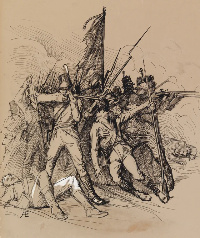 «En el campo de Lapua, el padre murió junto a su bandera», dibujo original para la ilustración de los «Relatos del alférez Stål»