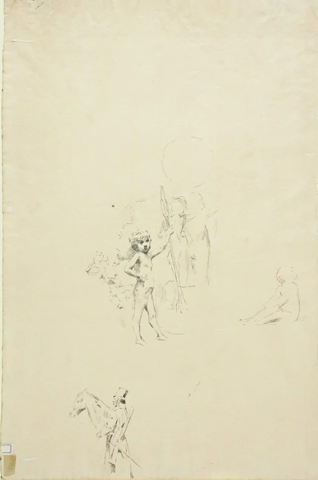 下絵：騎手と馬の頭、寓意の裸の男の子と二人の人物、座る人物