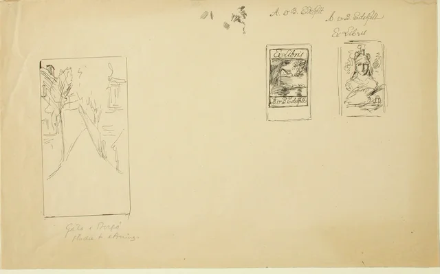 二つの蔵書票の下絵と「ポルヴォーの通り」の下絵