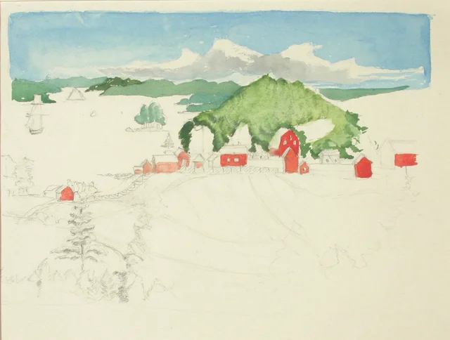 湖畔の赤い家の風景（未完）