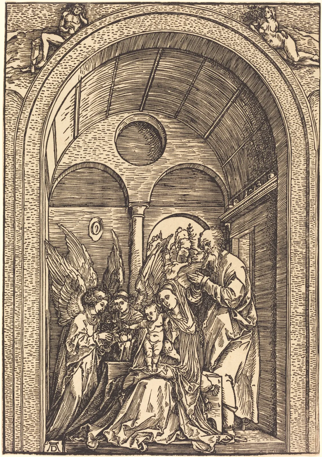 La Sainte Famille avec deux anges dans une salle voûtée, Albrecht Dürer