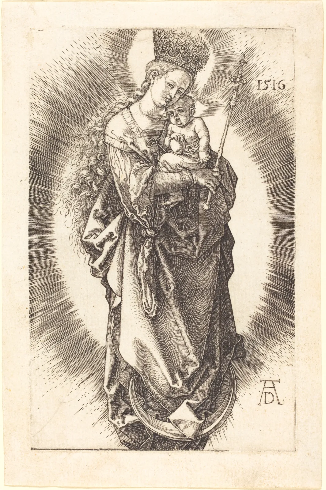 La Vierge sur un croissantde Lune avec une couronne d'étoiles et un sceptre, Albrecht Dürer