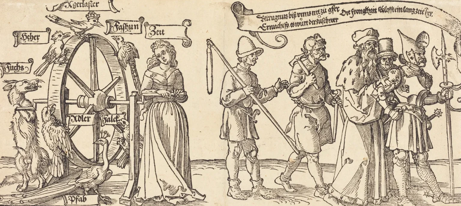 El tiempo y un zorro haciendo girar la rueda de la Fortuna, Albrecht Dürer