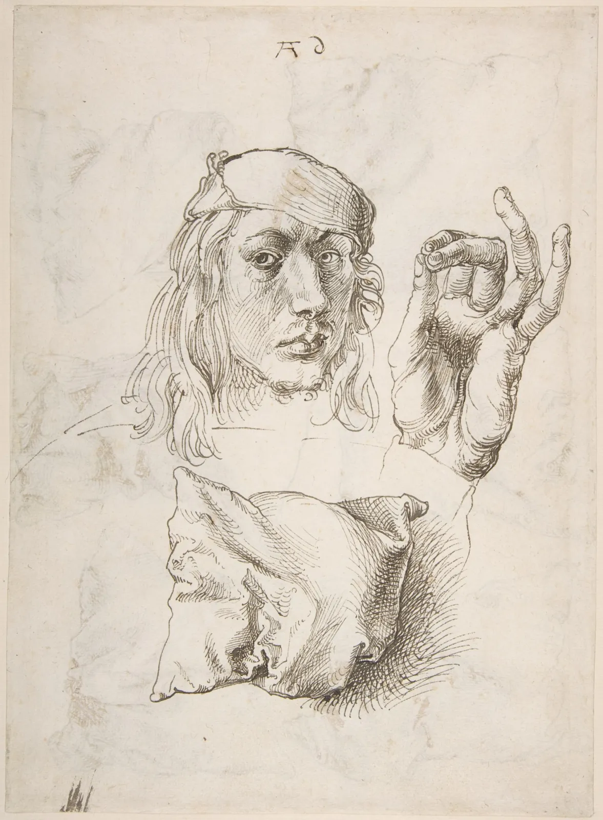 Selbstbildnis, rechts eine Hand, unten ein Kissen, Albrecht Dürer