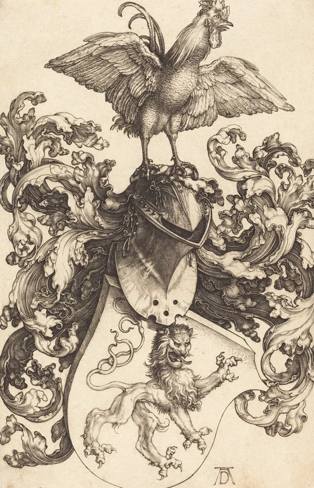 Escudo de armas con león y gallo