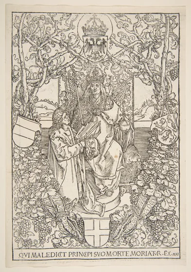 Conrad Celtis übergibt sein >Buch "Quatuor Libri Amorum" an Maximilian I