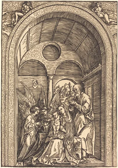 La Sainte Famille avec deux anges dans une salle voûtée