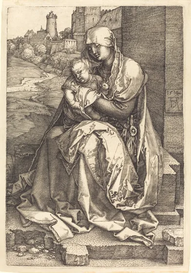 La Vierge à l'Enfant assise près d'un mur