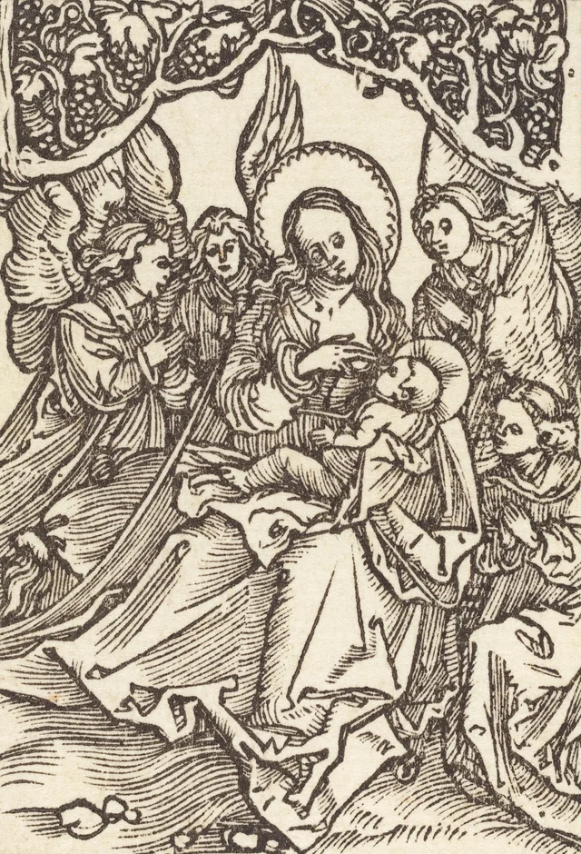 La Virgen amamantando al Niño Jesús con cuatro ángeles