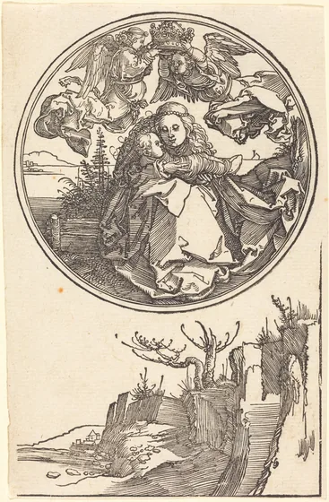 La Vierge couronnée par deux anges au-dessus d'un paysage