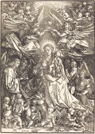 La Vierge entourée par de nombreux anges