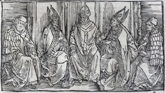 Trois évêques et deux moines (feuillet 9)