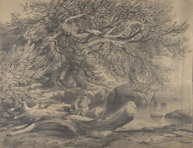 Dos hombres descansando junto a un lago (recto); Estudios de soldados a caballo (verso)