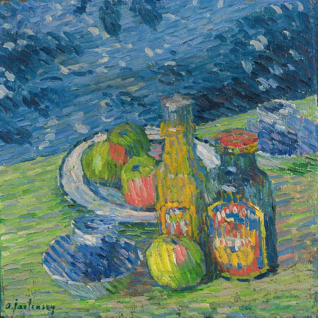 Nature morte aux bouteilles et aux fruits