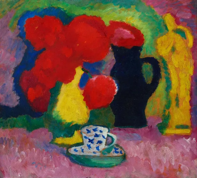 Nature morte aux fleurs rouges (figure jaune et tasse)