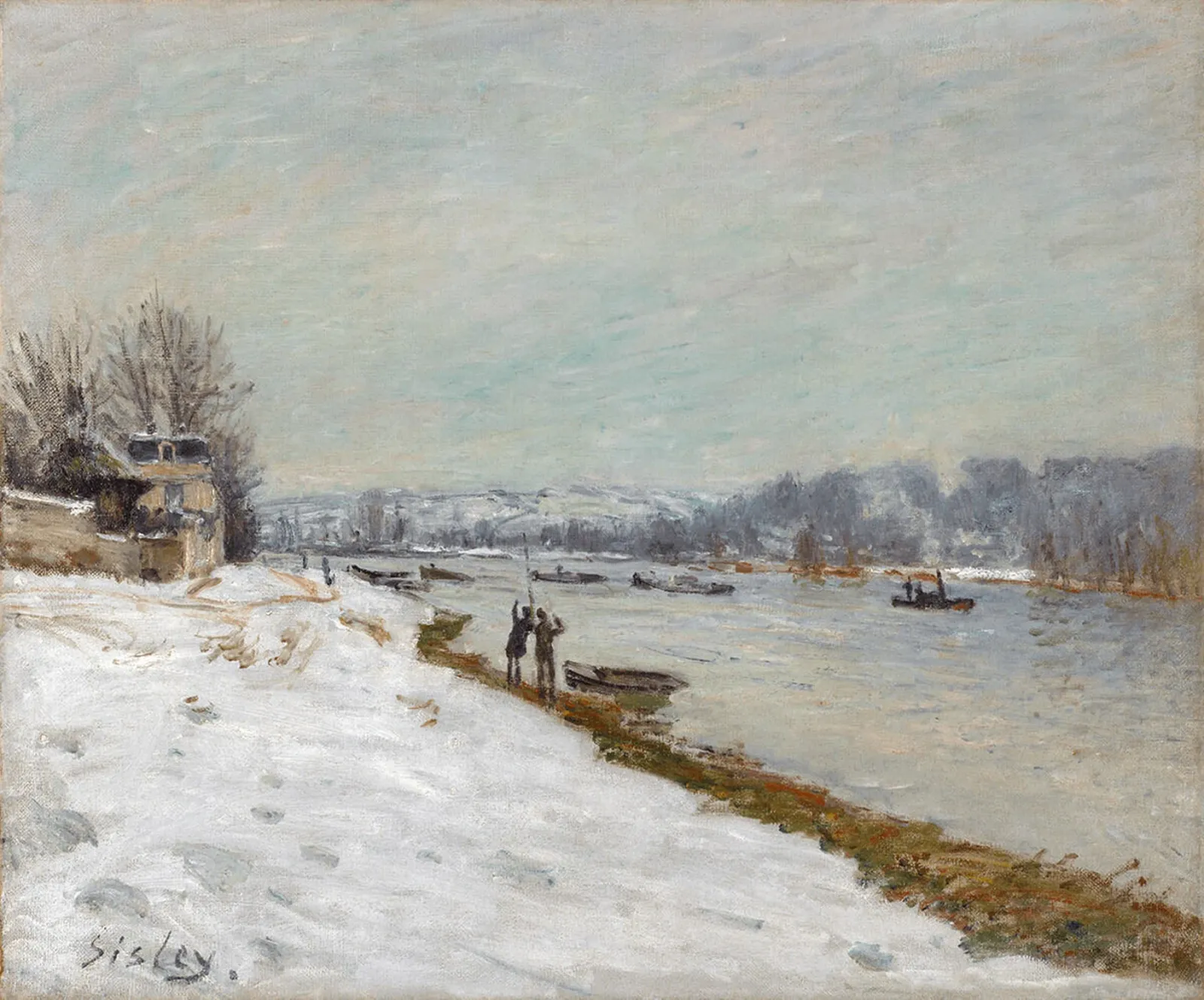 La Berge à Billancourt en 1879—neige, Alfred Sisley